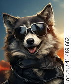 A husky dog in dark glasses with an open mouth. Generated by AI. Стоковое AI-изображение, AI-художник Ярославский Максим / Фотобанк Лори