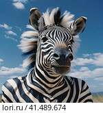 The head of a cheerful zebra on a blue sky background. Generated by And . Стоковое AI-изображение, AI-художник Ярославский Максим / Фотобанк Лори