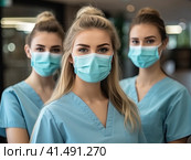 A medic girl in a mask and a medical gown in the interior of the hospital. Generated by AI. Стоковое AI-изображение, AI-художник Ярославский Максим / Фотобанк Лори