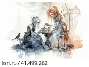 Witch and ghost spending time drinking tea together, watercolor illustration, watercolor style, Generative AI. Стоковое AI-изображение, AI-художник Анна Кривицкая / Фотобанк Лори