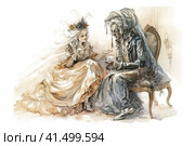 Witch and ghost spending time drinking tea together, watercolor illustration, watercolor style, Generative AI. Стоковое AI-изображение, AI-художник Анна Кривицкая / Фотобанк Лори