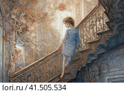 Girl on a fabulous spiral staircase in an old mansion, watercolor style, Generative AI. Стоковое AI-изображение, AI-художник Анна Кривицкая / Фотобанк Лори