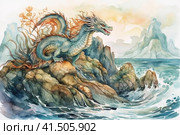 Water dragon splashes in the water against the backdrop of the sea and mountains, illustration, watercolor style, Generative AI. Стоковое AI-изображение, AI-художник Анна Кривицкая / Фотобанк Лори