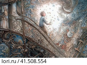 Girl on a fabulous spiral staircase in an old mansion, watercolor style, Generative AI. Стоковое AI-изображение, AI-художник Анна Кривицкая / Фотобанк Лори