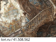 Girl on a fabulous spiral staircase in an old mansion, watercolor style, Generative AI. Стоковое AI-изображение, AI-художник Анна Кривицкая / Фотобанк Лори
