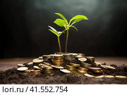 Green plant growing from a stack of coins. Money, finance, investment concept. AI generated. Стоковое AI-изображение, AI-художник Александра Селина / Фотобанк Лори