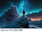 Epic winter arctic landscape. A man stands on a rock and looks into the distance at the mountains. Polar night, stars and aurora in the sky. Traveler on a hike in northern nature. Generative AI. Стоковое AI-изображение, AI-художник Андрей Степанов / Фотобанк Лори