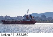A merchant ship in the bay of the city of Novorossiysk on a raid in the summer Translated by Tigran Martirosyan Novorossiysk (2021 год). Редакционное фото, фотограф Алексей Корсуков / Фотобанк Лори