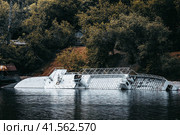 Sunked ship in a river. Old abandoned wrecked ship, riverside landscape. Стоковое фото, фотограф Константин Григорьев / Фотобанк Лори