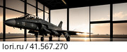 Interior view, a generic military fighter jet, parked, inside a military hangar at sunset. Panoramic banner. AI. Стоковое AI-изображение, AI-художник Sergey Grishin / Фотобанк Лори