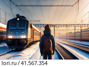 positive boy on railway station perron at winter late afternoon. Travelling and vacations concept.. AI. Стоковое AI-изображение, AI-художник Sergey Grishin / Фотобанк Лори