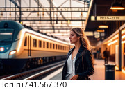 positive female on railway station perron at summer early evening. Travelling and vacations concept.. AI. Стоковое AI-изображение, AI-художник Sergey Grishin / Фотобанк Лори