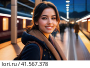 cheerful female on railway station perron at fall midnight. Travelling and vacations concept.. AI. Стоковое AI-изображение, AI-художник Sergey Grishin / Фотобанк Лори