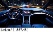 Inside a futuristic electric car. Neon car, modern interior and road grid. Generated by AI. Стоковое AI-изображение, AI-художник Ярославский Максим / Фотобанк Лори