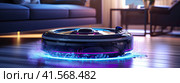 Futuristic robot vacuum cleaner with innovative controls removes dust on the floor. Generated by AI. Стоковое AI-изображение, AI-художник Ярославский Максим / Фотобанк Лори