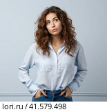 A young smiling confident pretty attractive European girl of 20 years old in a gray casual T-shirt, looking away, isolated on a white background Created by AI. Стоковое AI-изображение, AI-художник Ярославский Максим / Фотобанк Лори