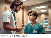 Hematologist conducts the patient reception in the hospital. adolescent athletic boy with voluminous hairs take consult from medical specialist. Healthcare and wellness concept.. AI. Стоковое AI-изображение, AI-художник Sergey Grishin / Фотобанк Лори