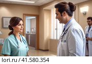 Nephrologist conducts the patient reception in the hospital. elder overweight beautiful girl with medium hairs take consult from medical specialist. Healthcare and wellness concept.. AI. Стоковое AI-изображение, AI-художник Sergey Grishin / Фотобанк Лори
