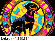 Bright drawing of dog, dachshundakita, on T-shirt on dark background. Satirical, pop art style, vibrant colors, iconic characters, action-packed, suitable for mascot, logo or reproduce on canvas. AI. Стоковое AI-изображение, AI-художник Sergey Grishin / Фотобанк Лори