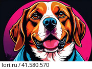 Bright drawing of dog, beagle, on T-shirt on dark background. Satirical, pop art style, vibrant colors, iconic characters, action-packed, suitable for mascot, logo or reproduce on canvas. AI. Стоковое AI-изображение, AI-художник Sergey Grishin / Фотобанк Лори