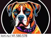 Bright drawing of dog, boxer, on T-shirt on dark background. Satirical, pop art style, vibrant colors, iconic characters, action-packed, suitable for mascot, logo or reproduce on canvas. AI. Стоковое AI-изображение, AI-художник Sergey Grishin / Фотобанк Лори