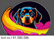 Bright drawing of dog, dachshundakita, on T-shirt on dark background. Satirical, pop art style, vibrant colors, iconic characters, action-packed, suitable for mascot, logo or reproduce on canvas. AI. Стоковое AI-изображение, AI-художник Sergey Grishin / Фотобанк Лори