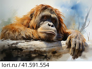 Orangutan, watercolor on white background, Generative AI. Стоковое AI-изображение, AI-художник Анна Кривицкая / Фотобанк Лори