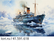 Ship among the ice, watercolor, Generative AI. Стоковое AI-изображение, AI-художник Анна Кривицкая / Фотобанк Лори