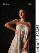 Teen girl model before and after retouch, comparison clean skin posing at shadow. Portrait of teenager before and after retouching processing in photo editor. Edited photo compared. Copy ad text space. Стоковое фото, фотограф Aleksandr Golubev / Фотобанк Лори