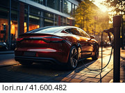 Electric Vehicle and Bus Charging Points. Shot of modern electric power charging station for EV, PHEV and HEV near store. Charging Station Electric Car Charging Station. Стоковое AI-изображение, AI-художник Ирина Михайличенко / Фотобанк Лори
