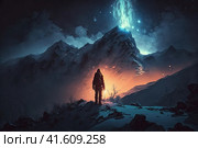 Epic winter arctic landscape. A man stands on a rock and looks into the distance at the mountains. Polar night, stars and aurora in the sky. Traveler on a hike in northern nature. Стоковое AI-изображение, AI-художник Андрей Степанов / Фотобанк Лори