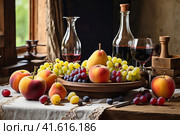 On a wooden table there is a glass of wine, bunches of grapes, peaches. Still life. Стоковое AI-изображение, AI-художник Сергей Елизарьев / Фотобанк Лори