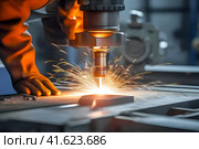 Из-под станка плазменной резки металла вылетают горящие искры. Стоковое AI-изображение, AI-художник Александр Бушков / Фотобанк Лори