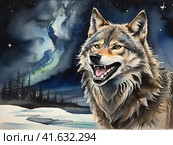 Gray wolf, watercolor. Стоковое AI-изображение, AI-художник Сергей Елизарьев / Фотобанк Лори