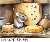 Cute tailed mouse is enjoying cheese. Стоковое AI-изображение, AI-художник Сергей Елизарьев / Фотобанк Лори