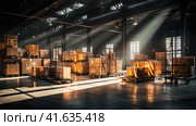 A large warehouse where various products are stored, a large store and a rack with a wide range of products and items. Generated by AI. Стоковое AI-изображение, AI-художник Ярославский Максим / Фотобанк Лори