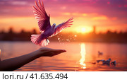 An outstretched man's hand and a dove flying up to it. Shooting at sunset. Generated by AI. Стоковое AI-изображение, AI-художник Ярославский Максим / Фотобанк Лори