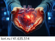 Men's hands hold an artificial heart in their hands. Generated by AI. Стоковое AI-изображение, AI-художник Ярославский Максим / Фотобанк Лори