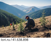 Environmental volunteers plant seedlings of spruce trees on the slopes of the mountains. Generated by AI. Стоковое AI-изображение, AI-художник Ярославский Максим / Фотобанк Лори