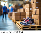 A large warehouse where various products are stored, a large store and a rack with a wide range of products and items. Generated by AI. Стоковое AI-изображение, AI-художник Ярославский Максим / Фотобанк Лори