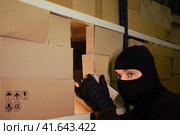 A thief in a black mask steals a box of goods in a warehouse in the dark. Concept of problems with theft of goods and postal parcels. Стоковое фото, фотограф Андрей Журавлев / Фотобанк Лори
