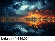 Strongest thunderstorm over a modern city. Lots of lightning in the sky,  Generative AI. Стоковое AI-изображение, AI-художник Анна Кривицкая / Фотобанк Лори
