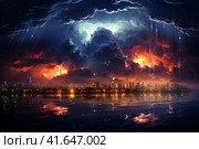 Strongest thunderstorm over a modern city. Lots of lightning in the sky,  Generative AI. Стоковое AI-изображение, AI-художник Анна Кривицкая / Фотобанк Лори