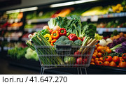 A supermarket cart full of fresh vegetables and fruits on the background of the store shelves. Generated by AI. Стоковое AI-изображение, AI-художник Ярославский Максим / Фотобанк Лори