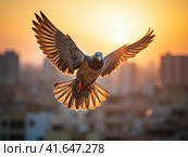 A man and a pigeon in flight against the background of the setting sun.Generated by AI. Стоковое AI-изображение, AI-художник Ярославский Максим / Фотобанк Лори