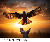 A man and a pigeon in flight against the background of the setting sun.Generated by AI. Стоковое AI-изображение, AI-художник Ярославский Максим / Фотобанк Лори