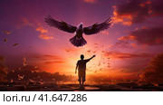 A man and a pigeon in flight against the background of the setting sun.Generated by AI. Стоковое AI-изображение, AI-художник Ярославский Максим / Фотобанк Лори