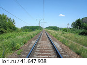 Perspective of an electrified single-track railway going through the forest. Sunny summer view. Однопутная железная дорога в сельской местности. Стоковое фото, фотограф Александр Кузнецов / Фотобанк Лори