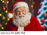 Santa against a backdrop of Christmas decorations. Стоковое AI-изображение, AI-художник Галина Царькова / Фотобанк Лори
