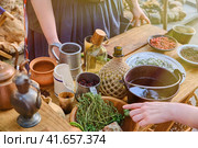 Restoration of the life history of the first American settlers. Meat, herbs, berries and drinks of US residents in the old days. Dining table immigrants to America, retro style. (2019 год). Стоковое фото, фотограф Андрей Журавлев / Фотобанк Лори